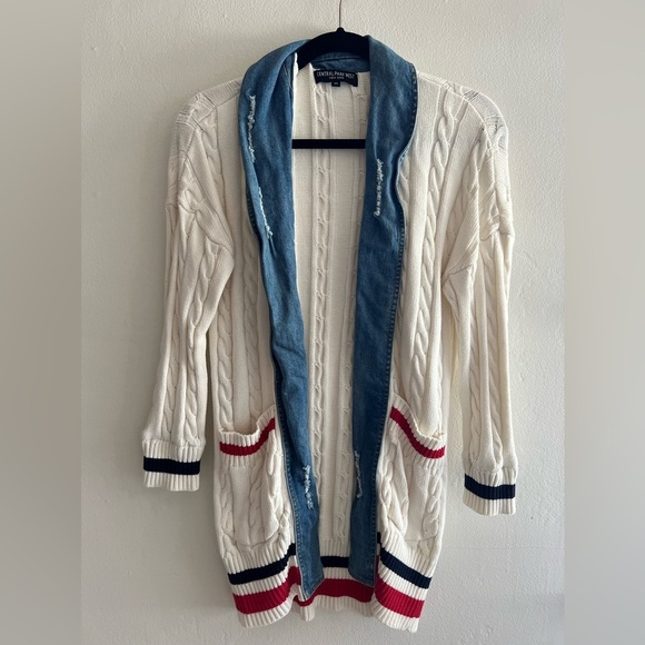 Central Park West Cream and denim long Knit open boyfriend cardigan - Picture 1 of 4